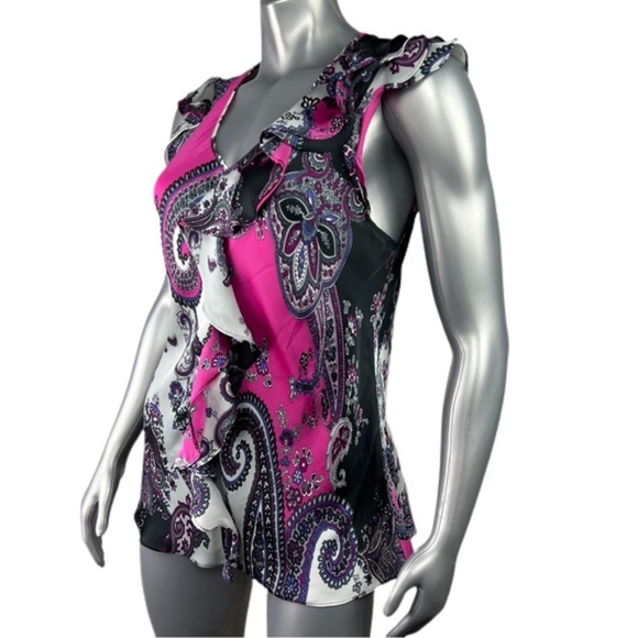 Dress Barn | Ruffle Detail Pink & Black Sleeveless Blouse Silky Paisley Print XL - Picture 7 of 13